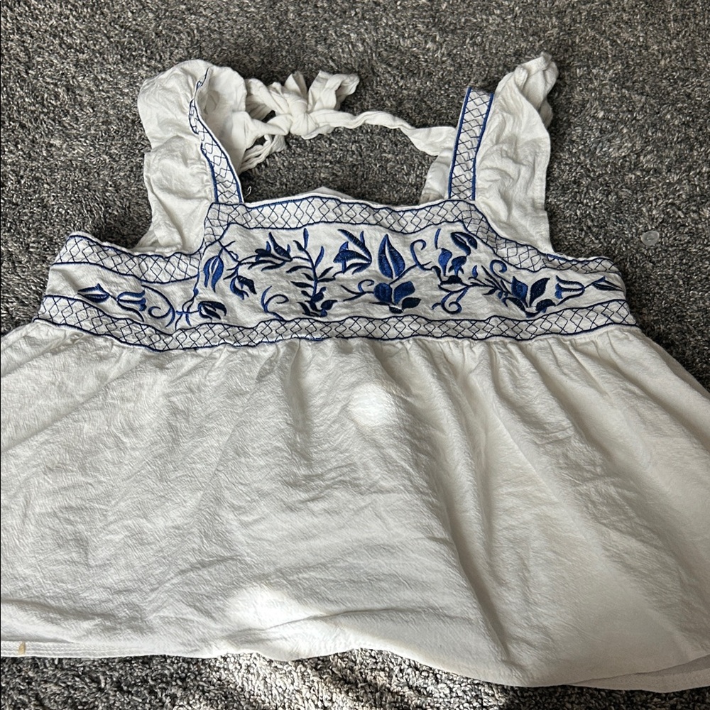 Altar'd State White and Blue Embroidered Blouse
